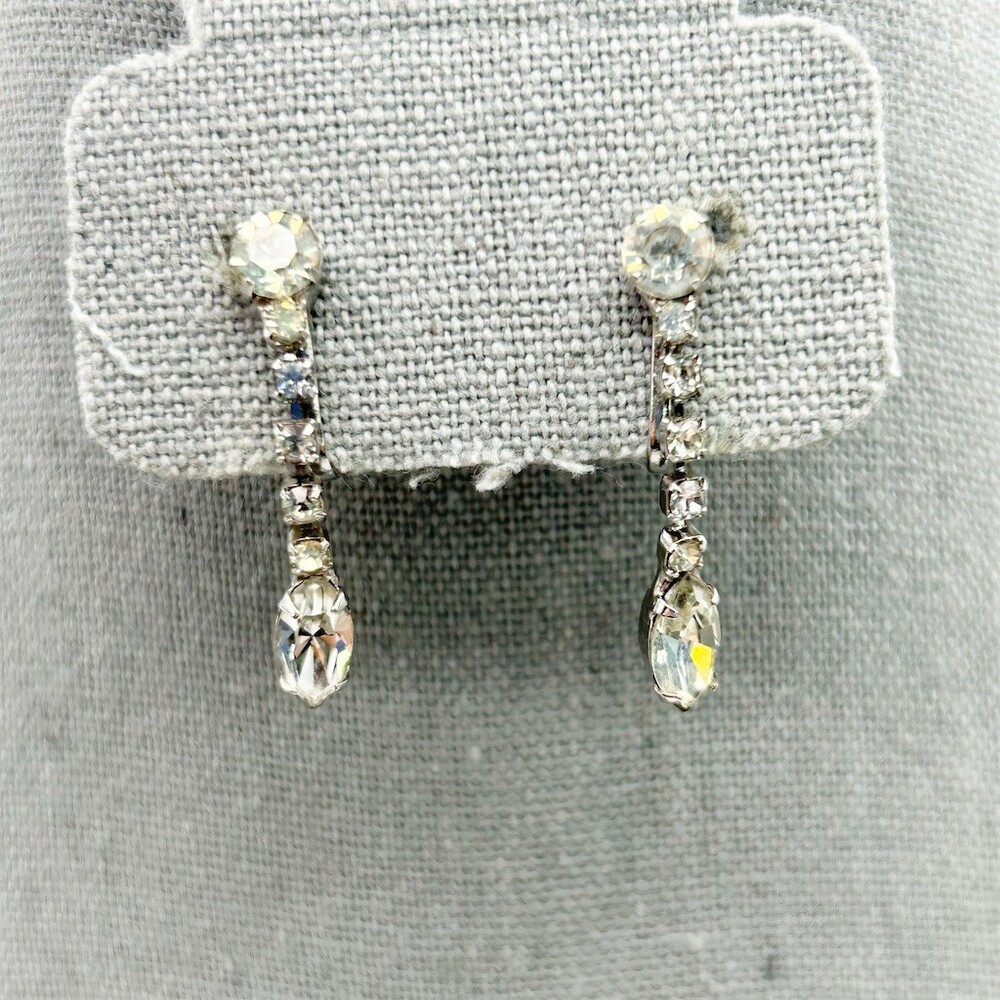 Vintage Clear Rhinestone Crystal Drop Clip On Earrings Silver Tone Bridal